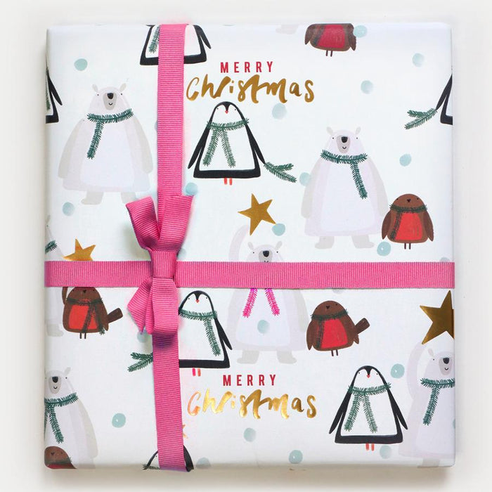 Polar Bear & Penguin Christmas Foil Flat Wrapping Paper