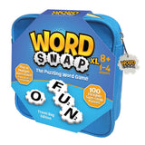 Blue packaging of Word Snap XL game with text and graphics on a white background
