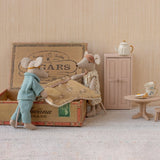 Two toy mice in a miniature room setting with a cardboard box, table, and cabinet.