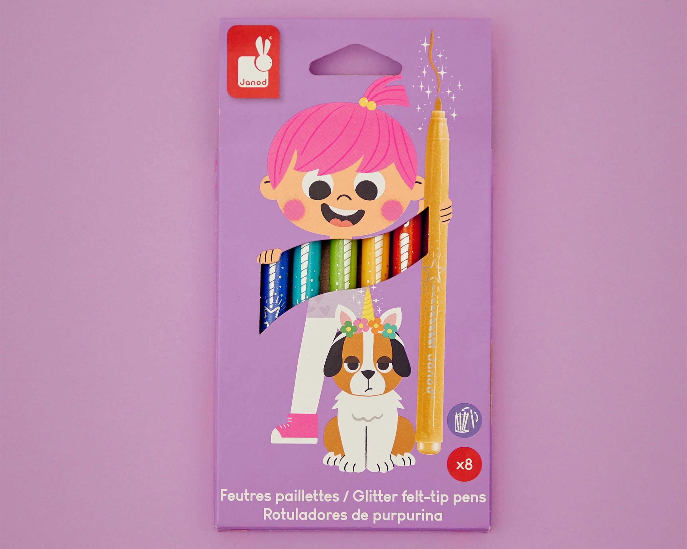 Pack of glitter felt-tip pens with cartoon character on purple background