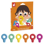 Packaging of children's crayons with colorful letters and a cartoon boy on an orange background.