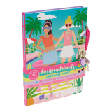 Lockable diary with illustrations of two girls on a beach, palm trees, and a colorful cover.