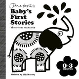 A board book titled 'Baby's First Stories 0-3 Months' with a black and white illustration of an elephant, designed for newborns and infants.