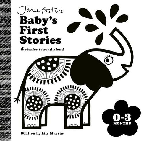 A board book titled 'Baby's First Stories 0-3 Months' with a black and white illustration of an elephant, designed for newborns and infants.