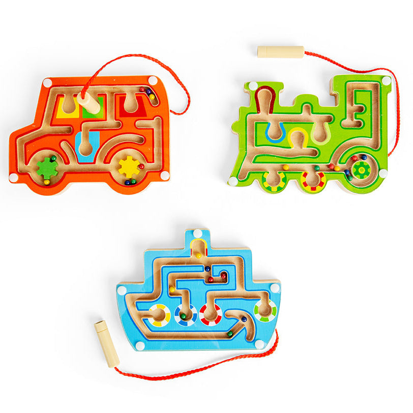 A set of colourful wooden magnetic labyrinths with a pen attachment, featuring various shaped slots and beads.