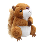 A plush finger puppet designed to look like a red squirrel, with a soft texture and a round nose.
