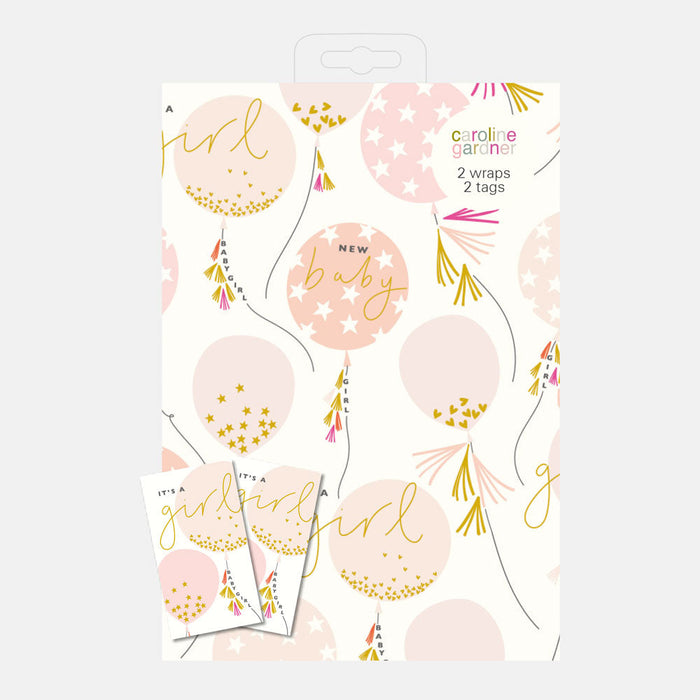 Baby Girl Balloons Wrapping Paper and Tags Set of 2