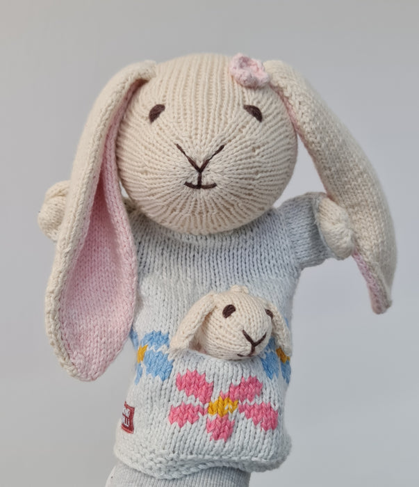 Hand Knitted Rabbit Pocket Puppet and Baby