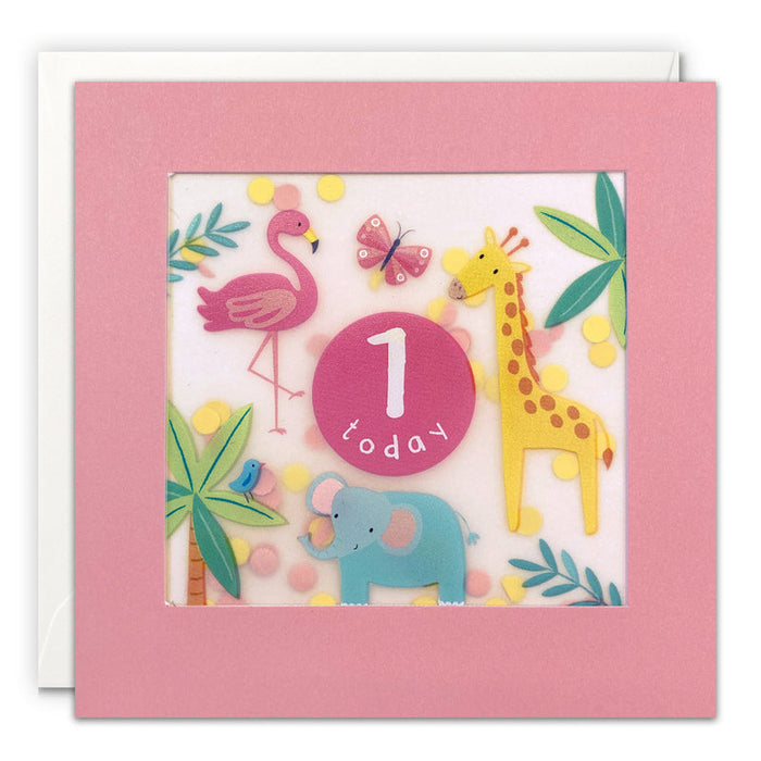 Age 1 Pink Jungle Shakies Birthday Card