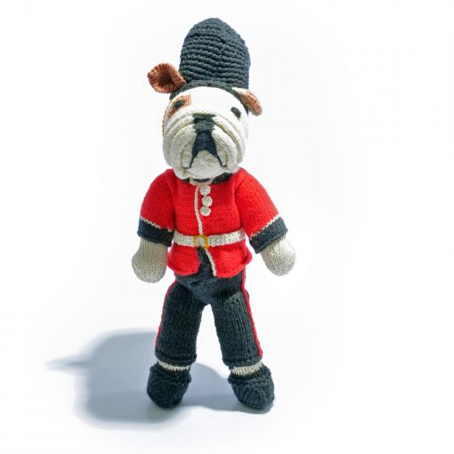Hand Knitted Bulldog Soft Toy in Guardsman Outfit