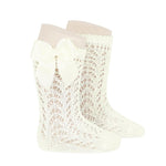 Condor Perle Openwork Knee High Socks with Beige Bow - souzu.co.uk