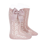 Condor Perle Openword Knee High Socks With  Pale Pink Bow - souzu.co.uk