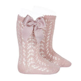 Condor Perle Openword Knee High Socks With  Pale Pink Bow - souzu.co.uk