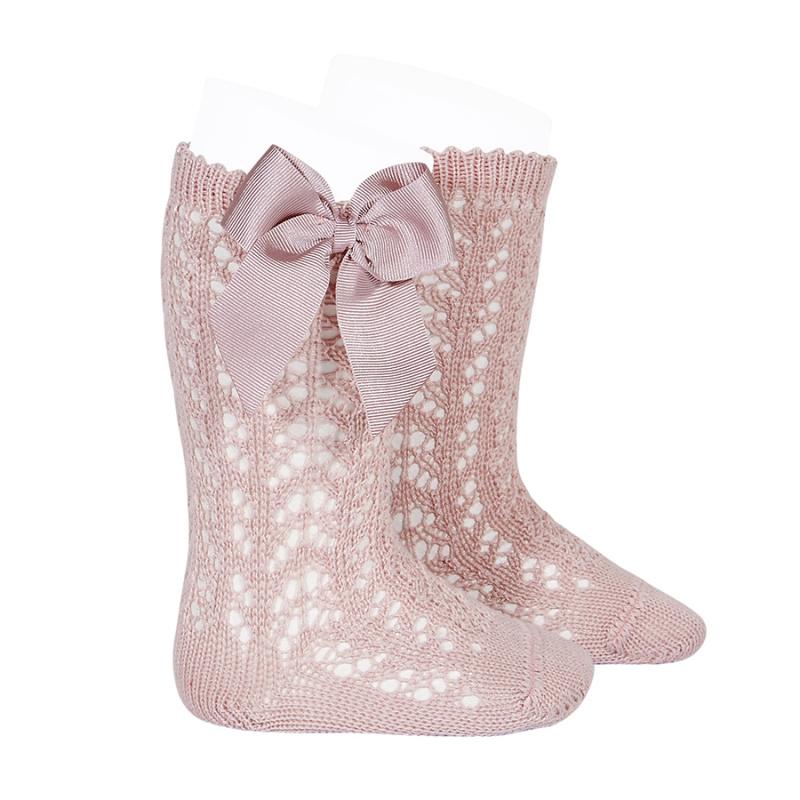 Condor Perle Openword Knee High Socks With  Pale Pink Bow - souzu.co.uk